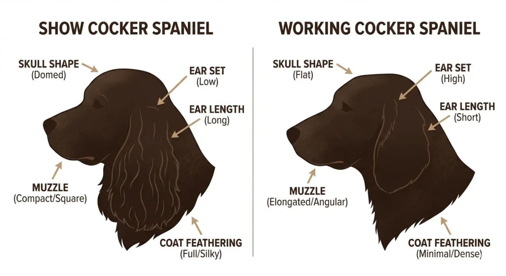 A side-by-side silhouette comparison of two English Cocker Spaniel head types. On the left is the Show Cocker Spaniel with arrows pointing to its Domed Skull Shape, Low Ear Set, Long Ear Length, Compact/Square Muzzle, and Full/Silky Coat Feathering. On the right is the Working Cocker Spaniel with arrows pointing to its Flat Skull Shape, High Ear Set, Short Ear Length, Elongated/Angular Muzzle, and Minimal/Dense Coat Feathering.
